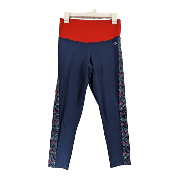 Champion Authentic Graphic Leggings M Red Navy Logo Back Zip Pocket Athleticwear - Picture 1 of 10